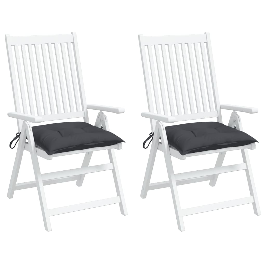 Two anthracite Oxford fabric chair cushions, each 15.7x15.7x2.8 inches, with corner ties.