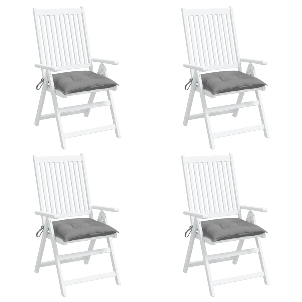 Four gray Oxford fabric chair cushions, each 15.7x15.7x2.8 inches, with ties.