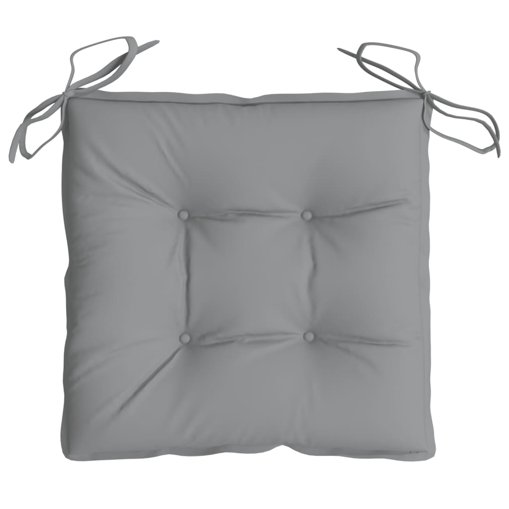 Gray Oxford fabric chair cushion with tufted center and ties, 15.7x15.7x2.8 inches.