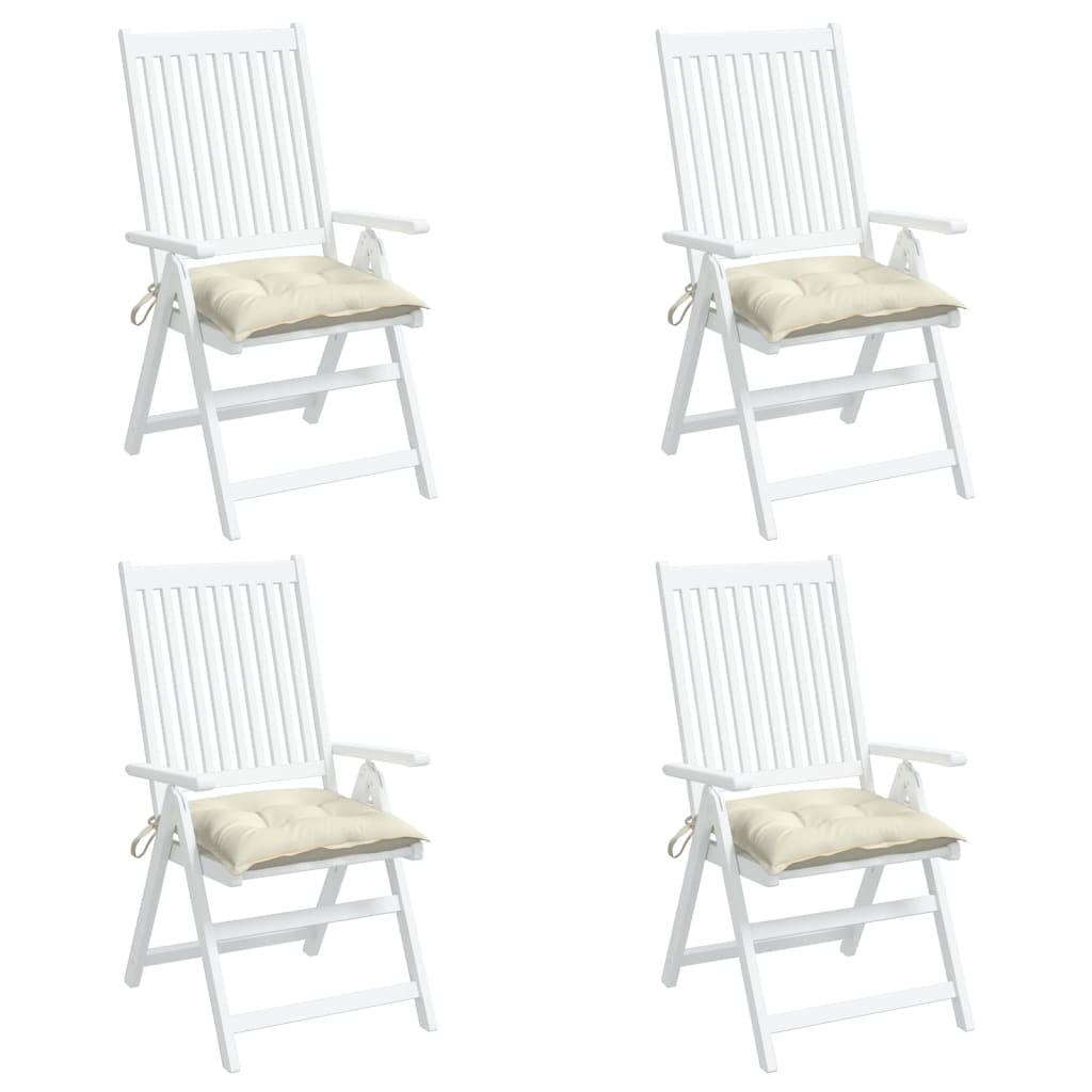 Four cream white outdoor chair cushions with Oxford fabric and ties, 4-pack.