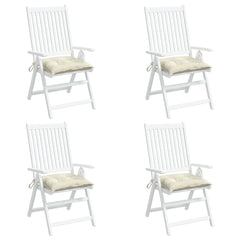 Four cream white outdoor chair cushions with Oxford fabric and ties, 4-pack.