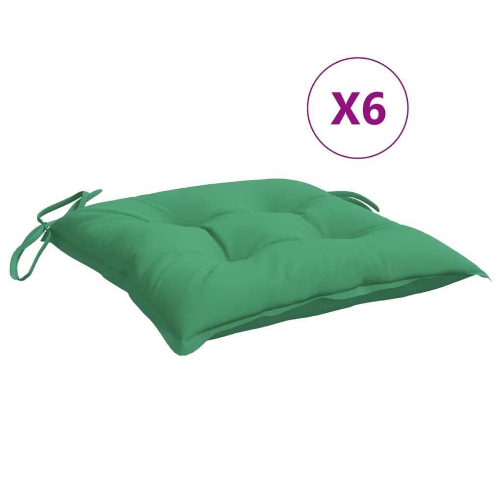 Six green Oxford fabric chair cushions with ties, 15.7x15.7x2.8in, 6-pack.