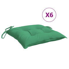 Six green Oxford fabric chair cushions with ties, 15.7x15.7x2.8in, 6-pack.