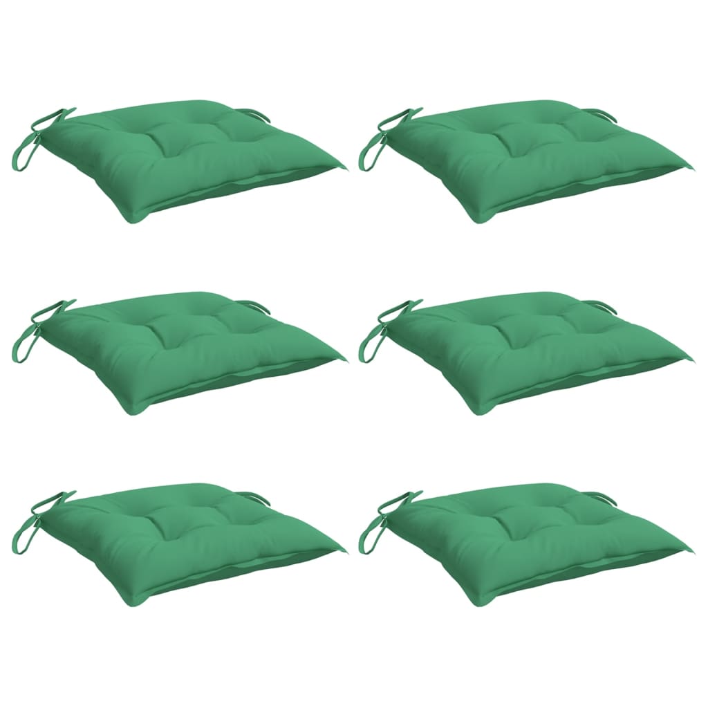 Six green Oxford fabric chair cushions, 15.7x15.7x2.8 inches, with ties.