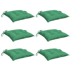 Six green Oxford fabric chair cushions, 15.7x15.7x2.8 inches, with ties.