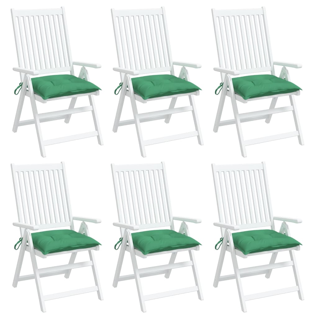 Six green Oxford fabric chair cushions, each 15.7x15.7x2.8 inches, with ties.