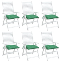 Six green Oxford fabric chair cushions, each 15.7x15.7x2.8 inches, with ties.