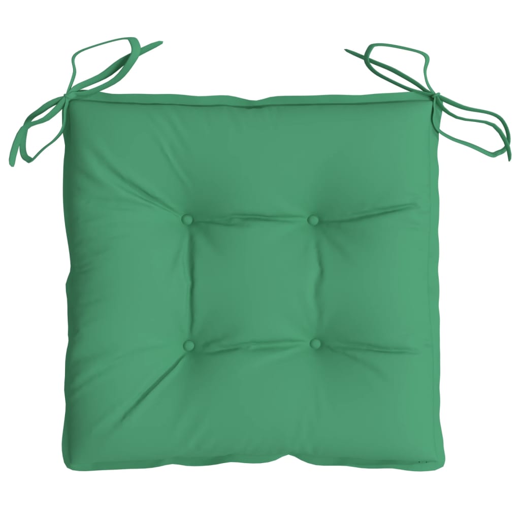 A green Oxford fabric chair cushion with tufted center and ties, sized 15.7x15.7x2.8 inches.