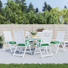 Six green Oxford fabric chair cushions, 15.7x15.7x2.8in, on white patio chairs around a table.