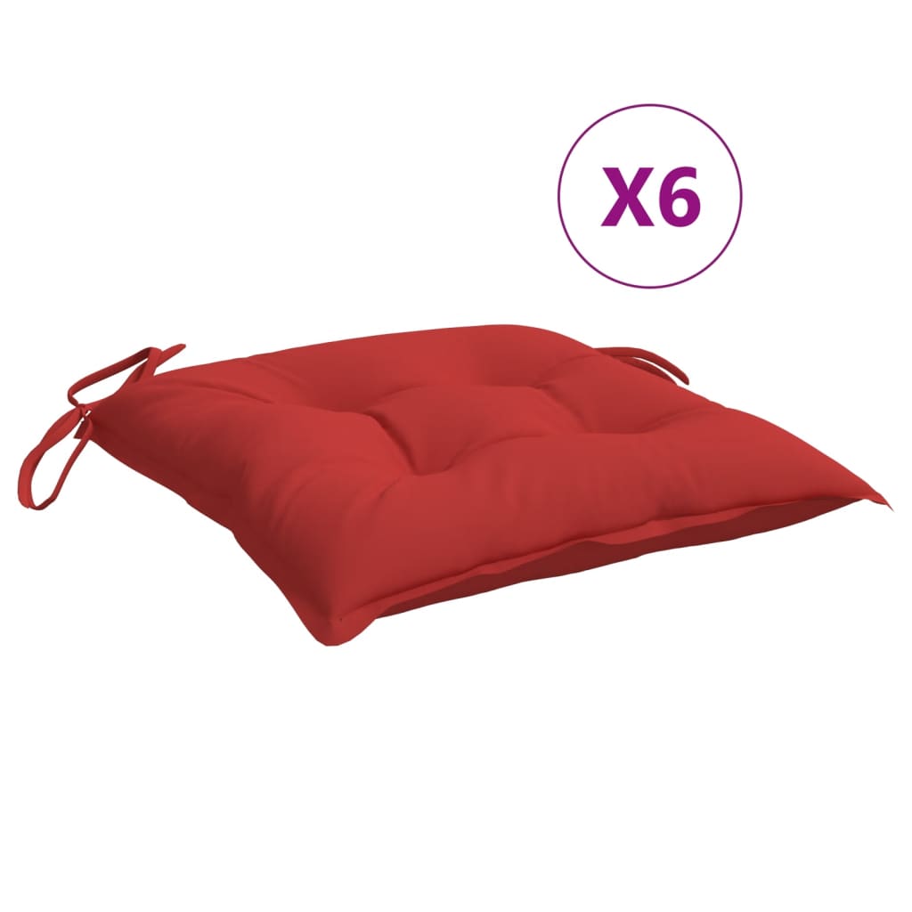 Pack of six red Oxford fabric chair cushions, each 15.7x15.7x2.8 inches with ties.