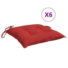 Pack of six red Oxford fabric chair cushions, each 15.7x15.7x2.8 inches with ties.