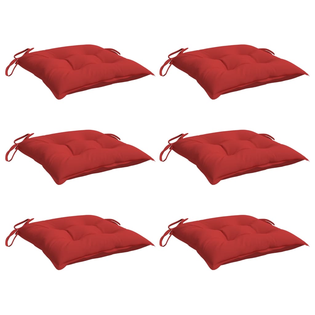Six red Oxford fabric chair cushions, each 15.7x15.7x2.8 inches with ties.
