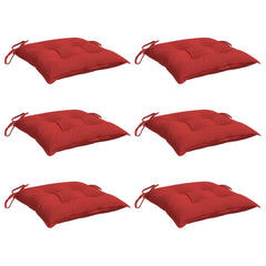 Six red Oxford fabric chair cushions, each 15.7x15.7x2.8 inches with ties.