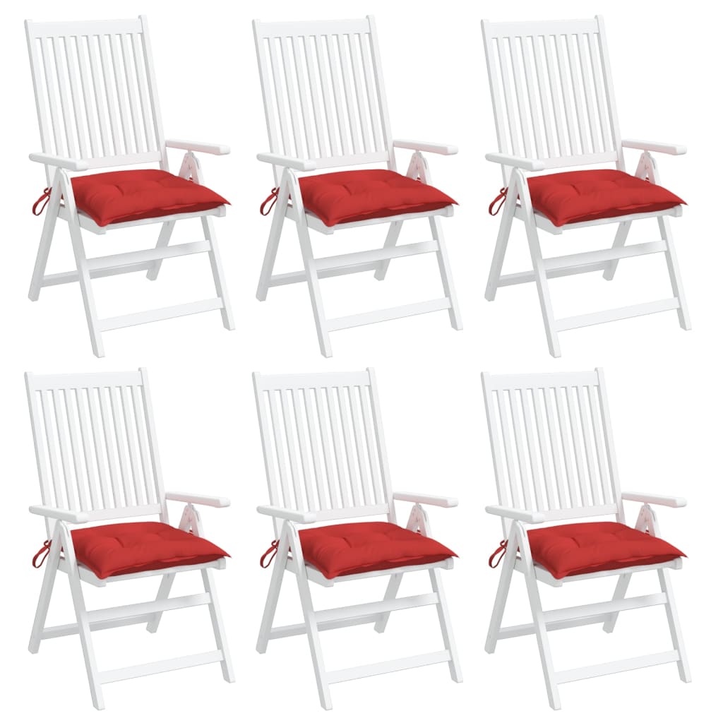 Set of six red Oxford fabric chair cushions, 15.7x15.7x2.8 inches, with ties.