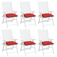 Set of six red Oxford fabric chair cushions, 15.7x15.7x2.8 inches, with ties.