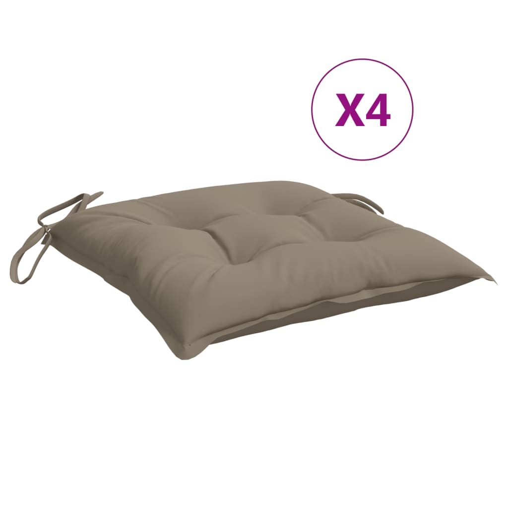 Four taupe Oxford fabric chair cushions with ties, 15.7x15.7x2.8 inches each.
