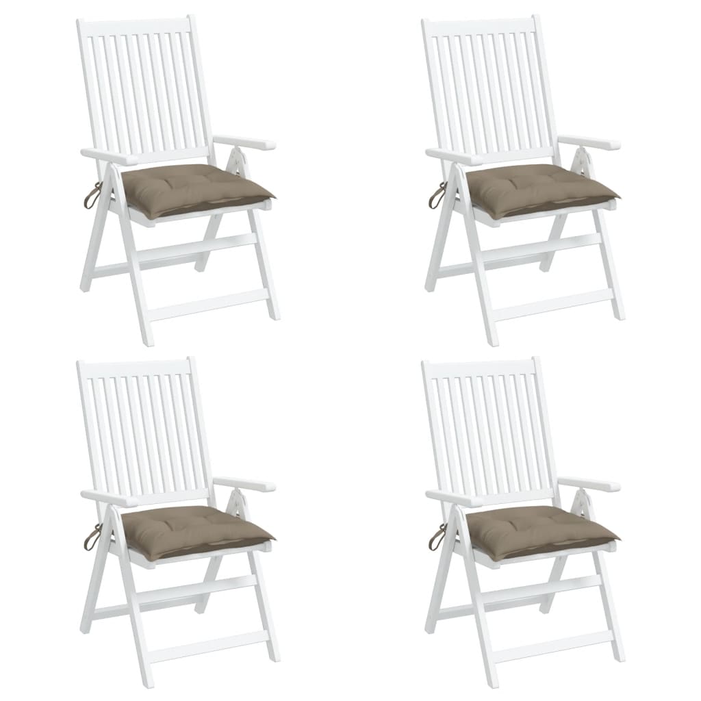 Four taupe Oxford fabric chair cushions, each 15.7x15.7x2.8 inches, with ties.