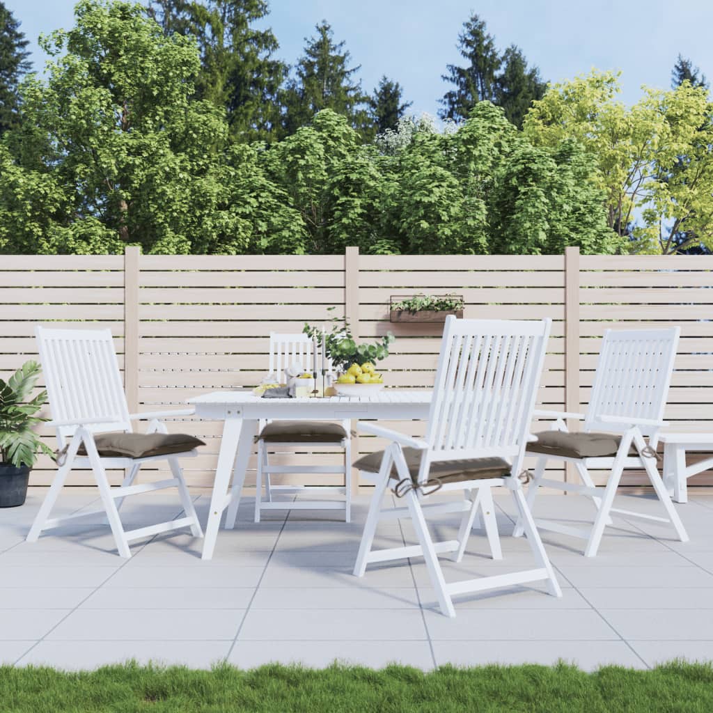 Four taupe Oxford fabric chair cushions, each 15.7x15.7x2.8 inches, with ties for securing to patio chairs.