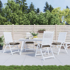 Four taupe Oxford fabric chair cushions, each 15.7x15.7x2.8 inches, with ties for securing to patio chairs.