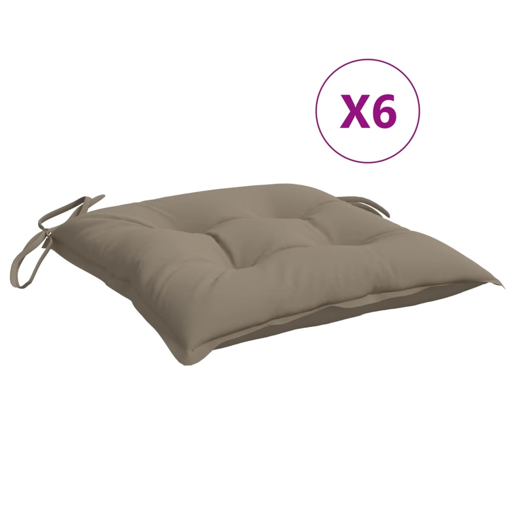 Taupe Oxford fabric chair cushions, 6-pack, 15.7x15.7x2.8in, with ties.