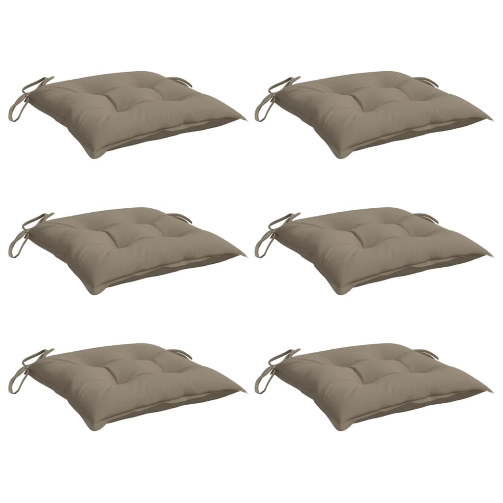 Set of six taupe Oxford fabric chair cushions, each 15.7x15.7x2.8 inches with ties.