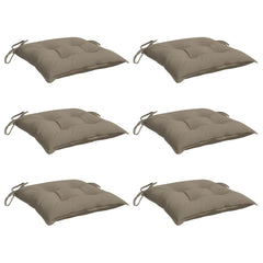 Set of six taupe Oxford fabric chair cushions, each 15.7x15.7x2.8 inches with ties.