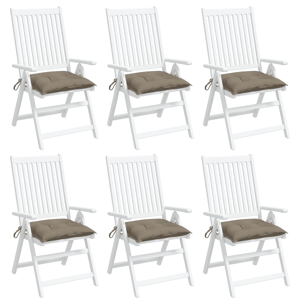 Six taupe Oxford fabric chair cushions, each 15.7x15.7x2.8 inches, with ties.