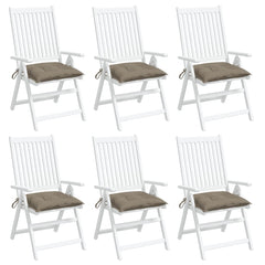 Six taupe Oxford fabric chair cushions, each 15.7x15.7x2.8 inches, with ties.