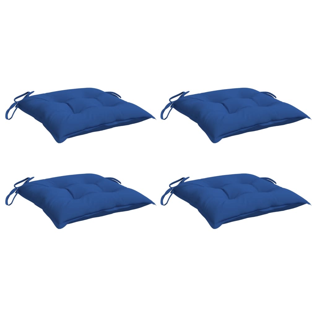 Four blue Oxford fabric chair cushions, each 15.7x15.7x2.8 inches with ties.