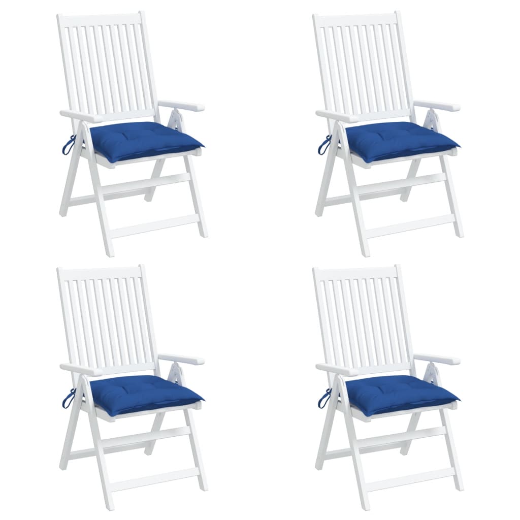 Four blue Oxford fabric chair cushions, each 15.7x15.7x2.8 inches with ties, in a pack.