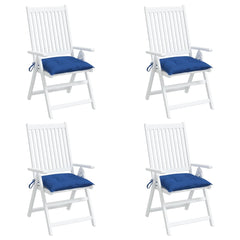 Four blue Oxford fabric chair cushions, each 15.7x15.7x2.8 inches with ties, in a pack.