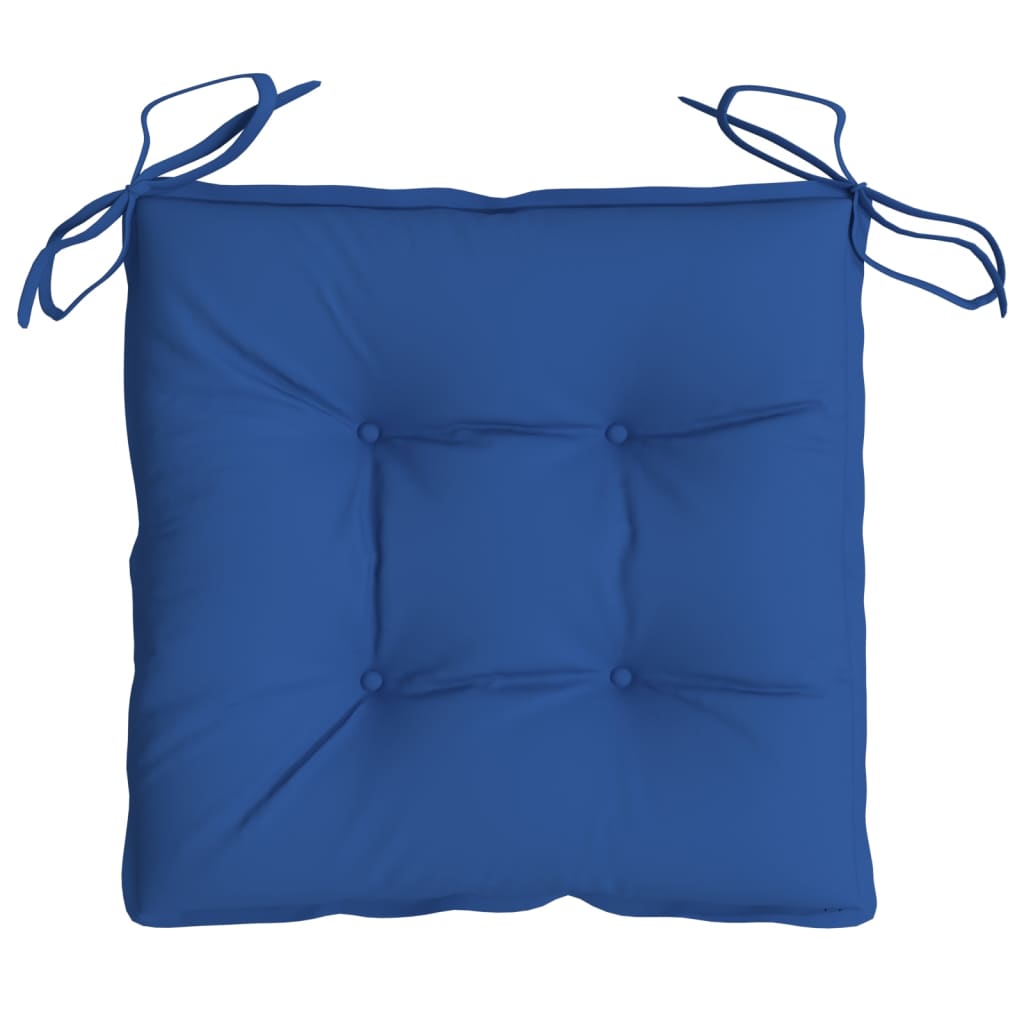A pack of four blue Oxford fabric chair cushions, each 15.7x15.7x2.8 inches with ties and tufted design.
