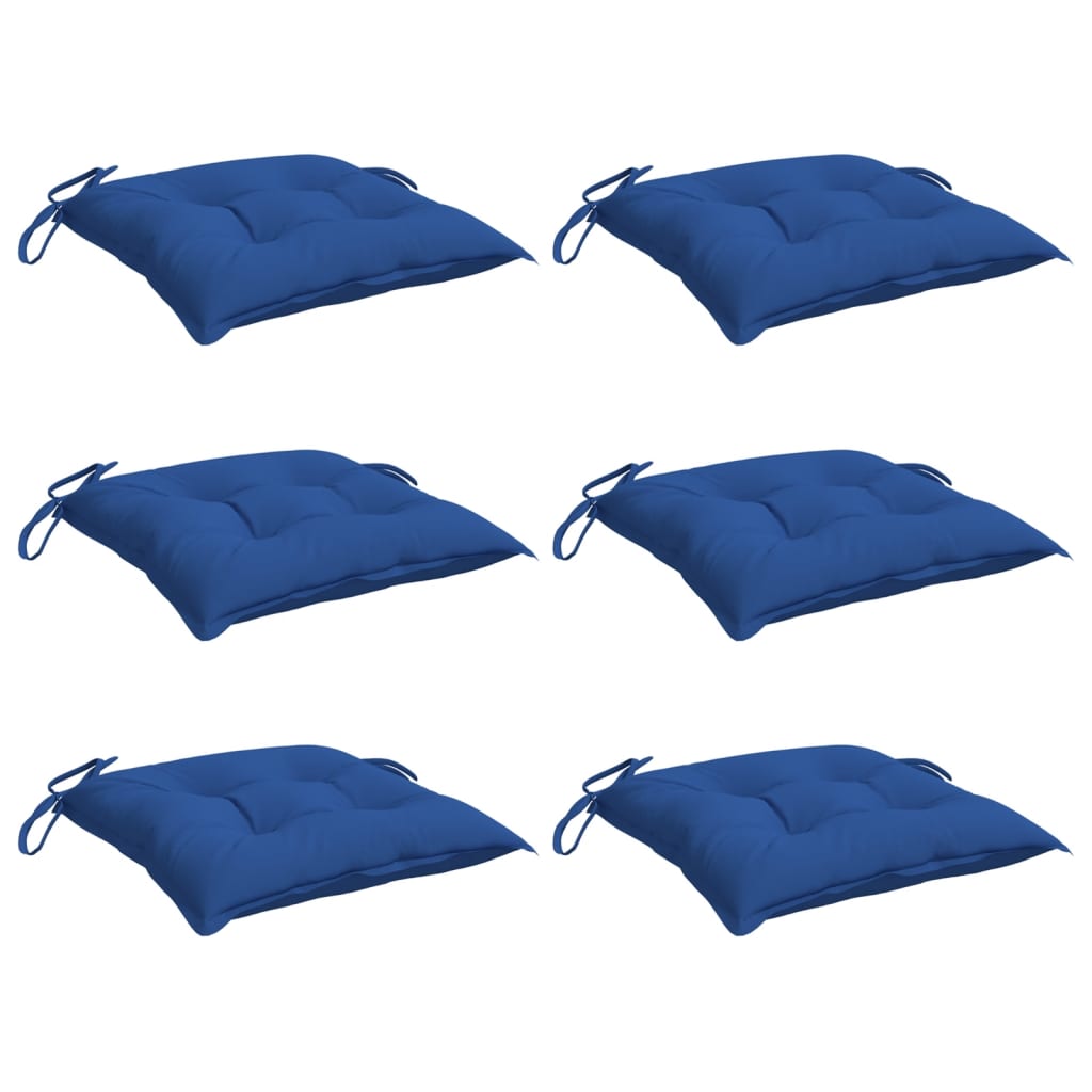 Six blue Oxford fabric chair cushions, each 15.7x15.7x2.8 inches with ties.