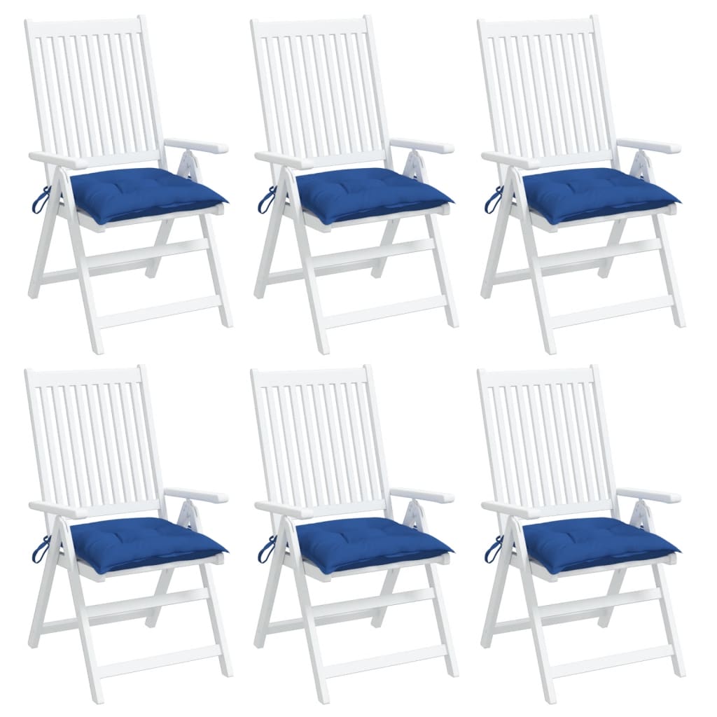 Six blue Oxford fabric chair cushions with ties, 15.7x15.7x2.8 inches, 6-pack.