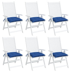 Six blue Oxford fabric chair cushions with ties, 15.7x15.7x2.8 inches, 6-pack.