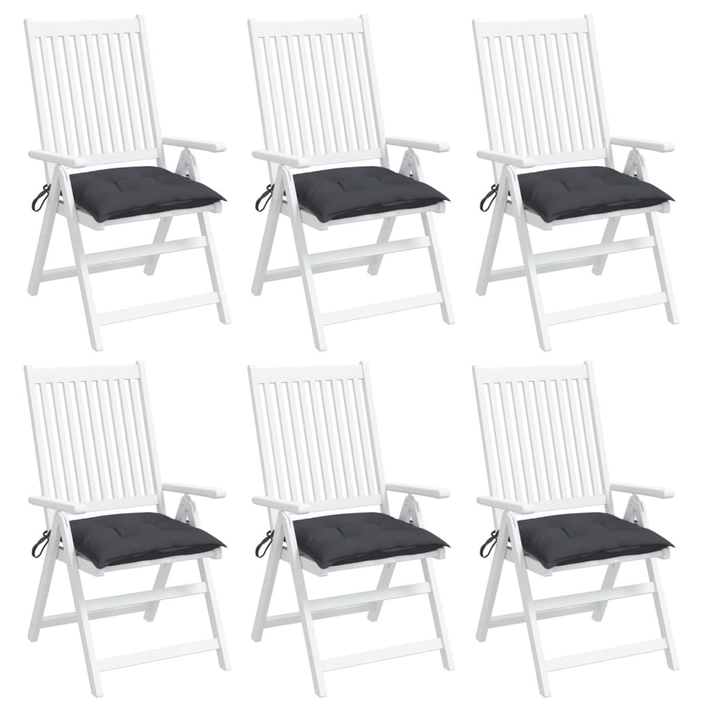 Six anthracite Oxford fabric chair cushions, each 19.7x19.7x2.8 inches, with tie ropes.