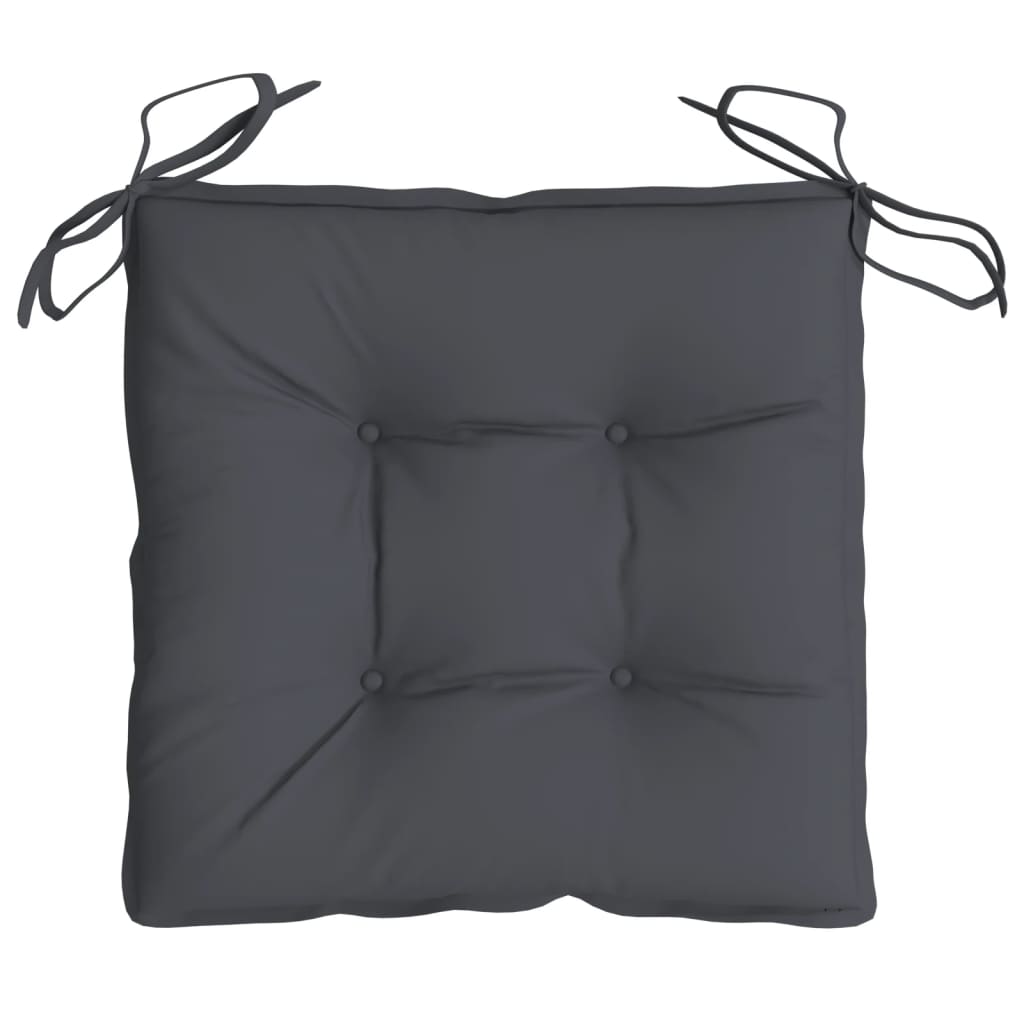 A 6-pack of anthracite Oxford fabric chair cushions, each 19.7x19.7x2.8 inches with ties and tufted design.