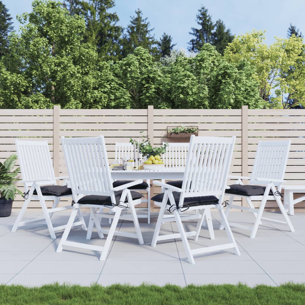 Six anthracite Oxford fabric chair cushions with ties, sized 19.7x19.7x2.8 inches, on white patio chairs.
