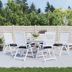Six anthracite Oxford fabric chair cushions with ties, sized 19.7x19.7x2.8 inches, on white patio chairs.