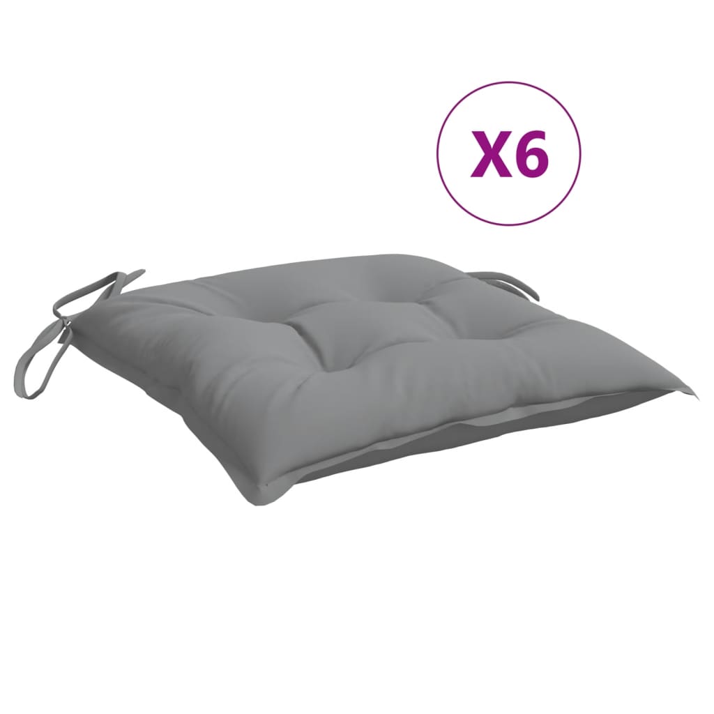 Gray Oxford fabric chair cushions with ties, shown in a pack of six.