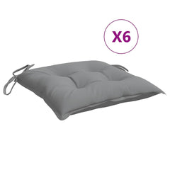 Gray Oxford fabric chair cushions with ties, shown in a pack of six.