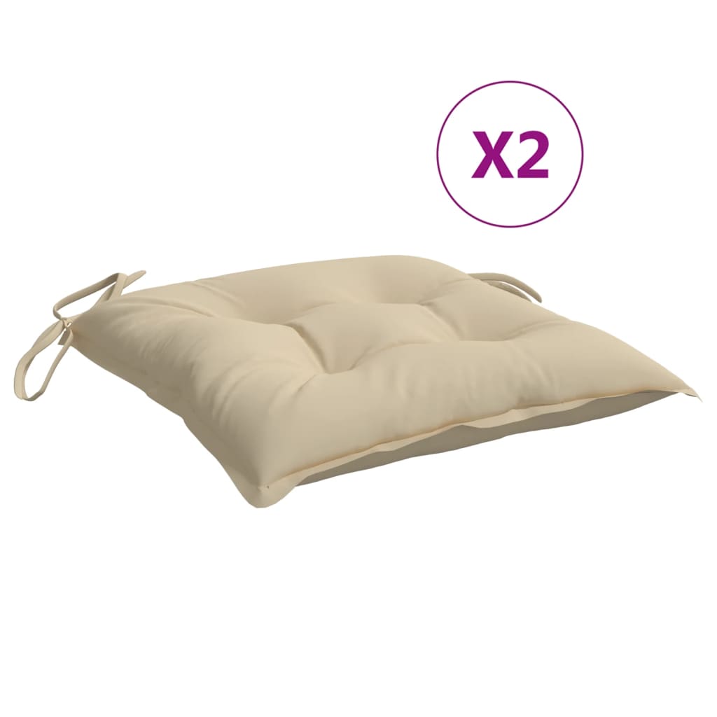 Two beige Oxford fabric pallet cushions, each 19.7x19.7x2.8 inches, with ties.