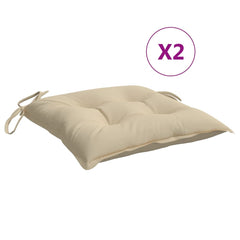 Two beige Oxford fabric pallet cushions, each 19.7x19.7x2.8 inches, with ties.