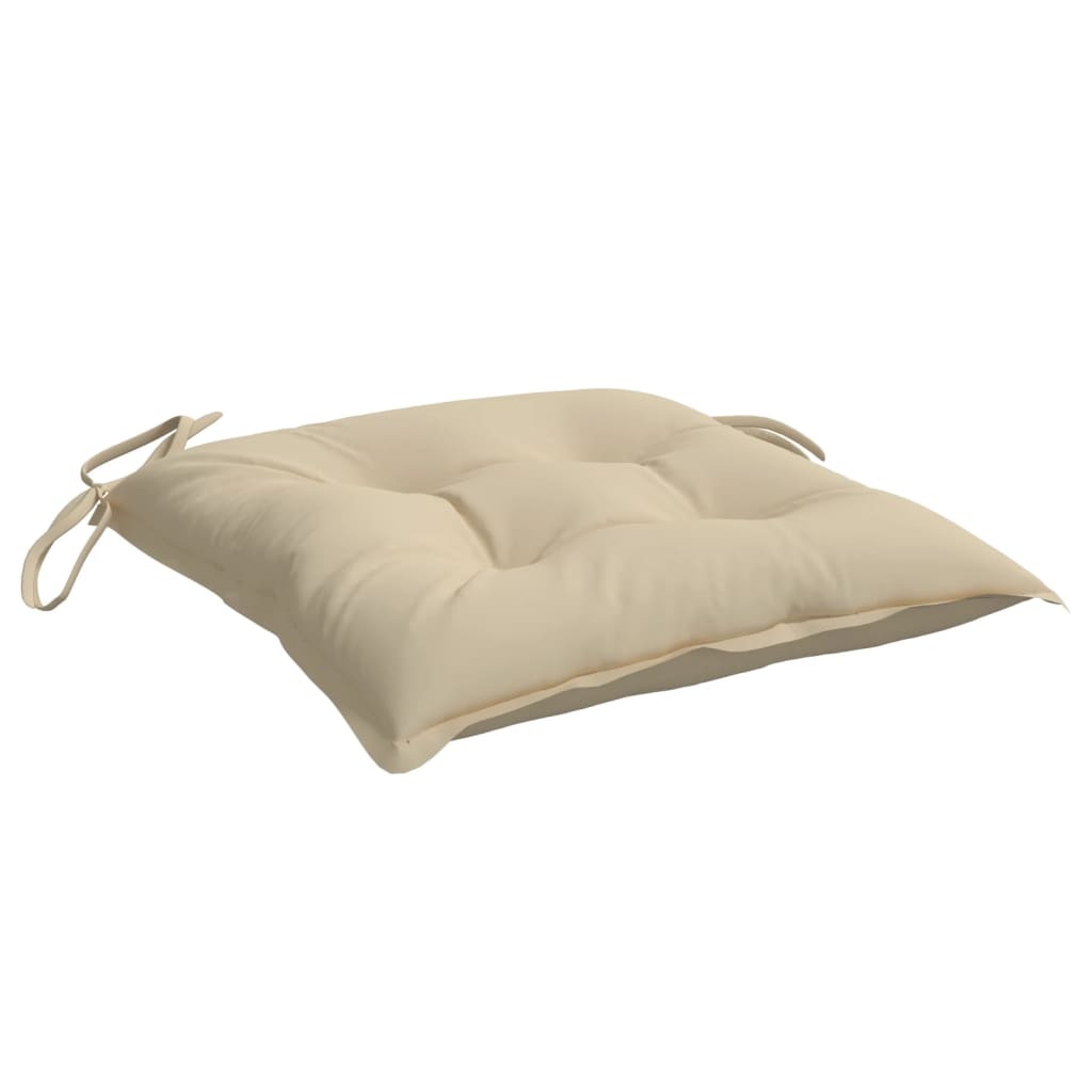 Two beige Oxford fabric pallet cushions, each 19.7x19.7x2.8 inches, with ties.