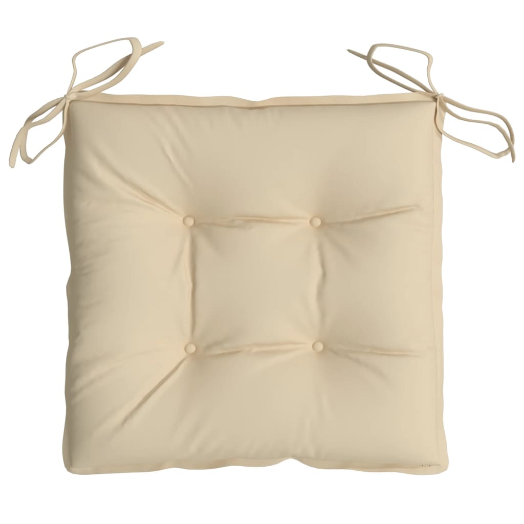 Two beige Oxford fabric pallet cushions, each 19.7x19.7x2.8 inches, with tufted centers and tie straps.