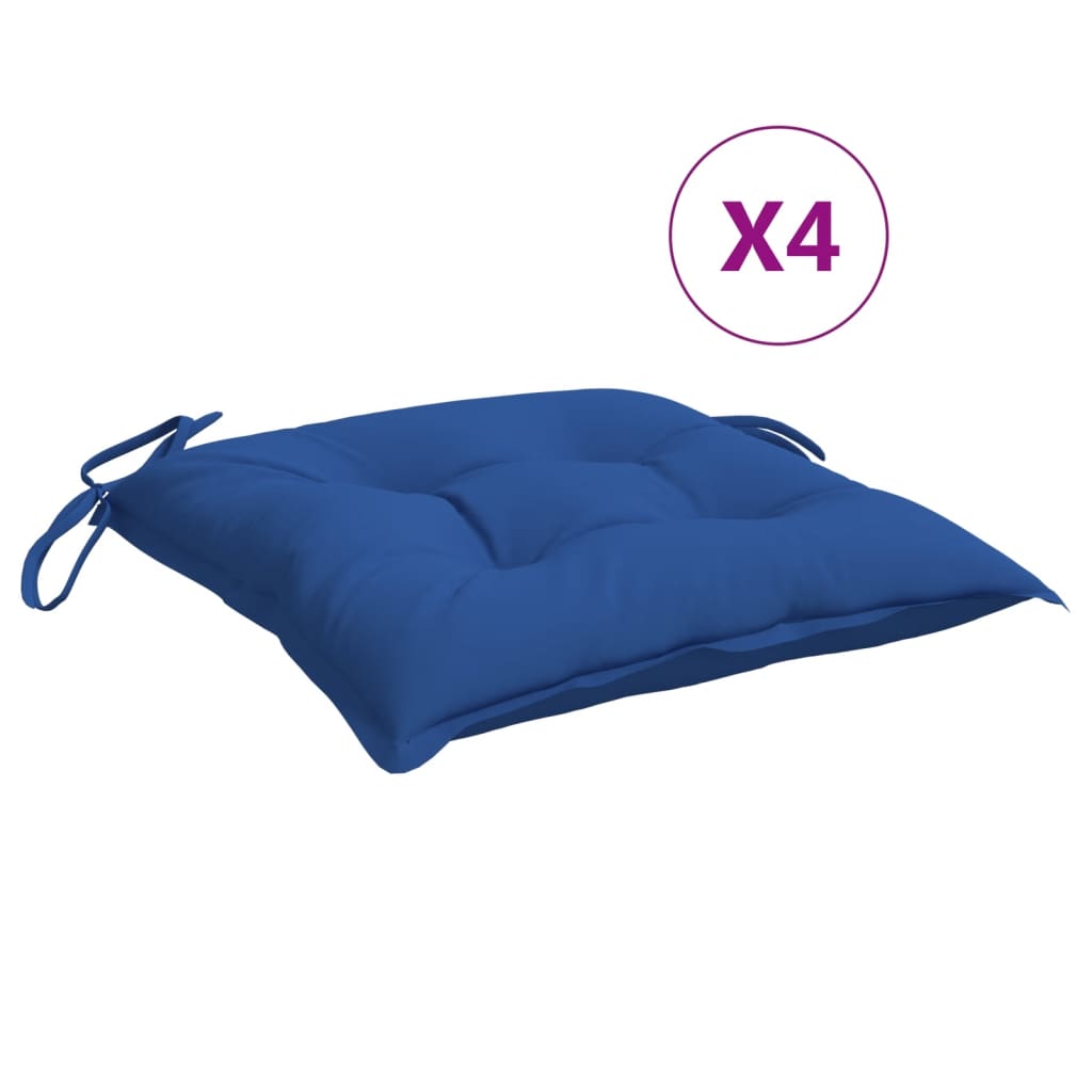 Four blue Oxford fabric pallet cushions, each 19.7x19.7x2.8 inches, with ties.