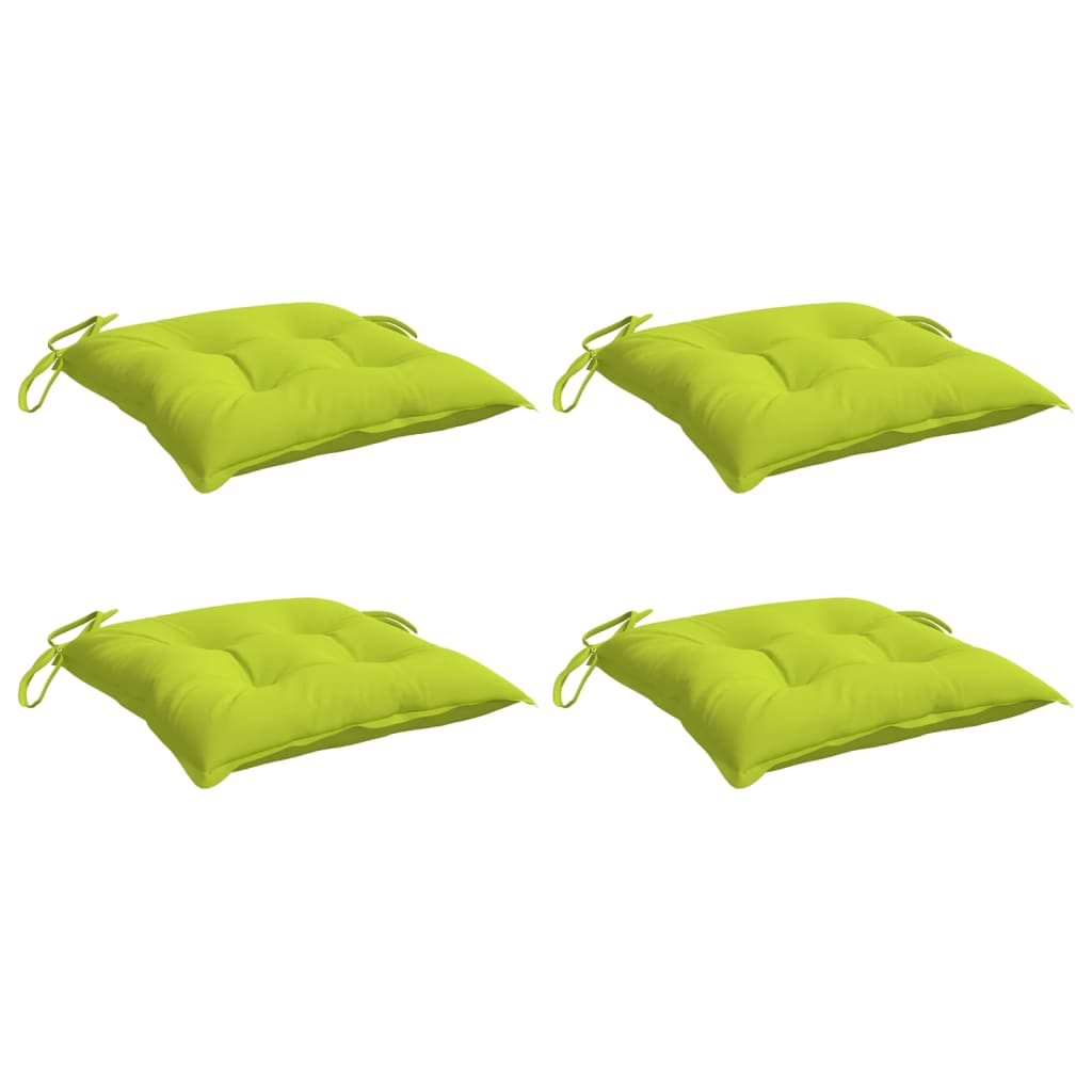 Four bright green Oxford fabric pallet cushions, each 19.7x19.7x2.8 inches, with ties.
