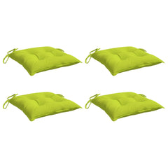 Four bright green Oxford fabric pallet cushions, each 19.7x19.7x2.8 inches, with ties.
