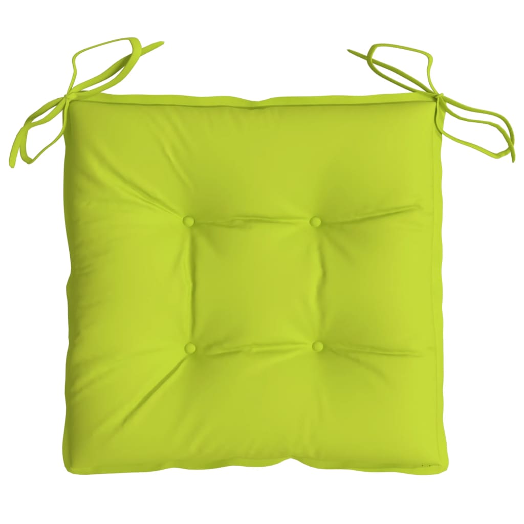 Four bright green Oxford fabric pallet cushions, each 19.7x19.7x2.8 inches, with tufted centers and ties.