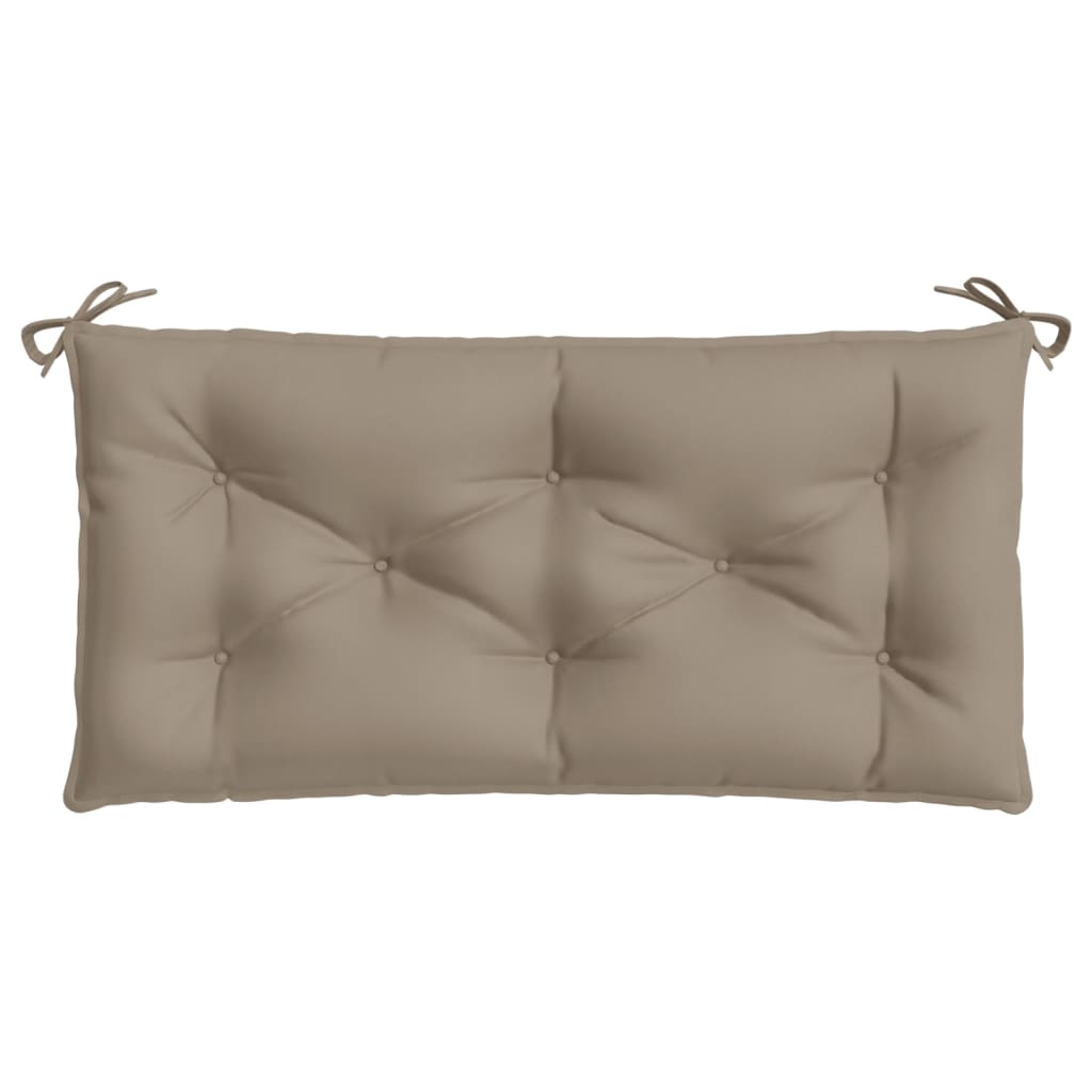 Taupe garden bench cushion in Oxford fabric, 39.4x19.7x2.8 inches, with corner ties.